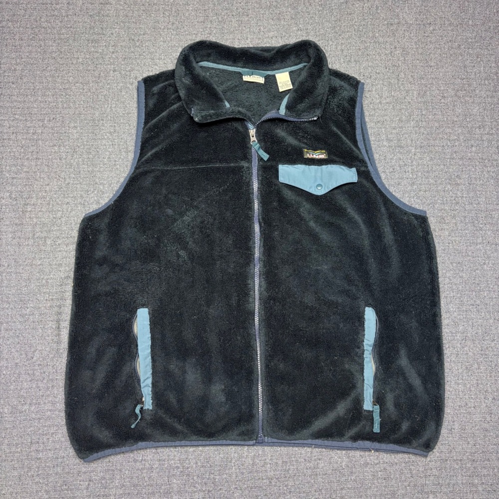 LL Bean Mens XL Deep Pile Fleece Vest Black Teal Full Zip 508269 Gorpcore